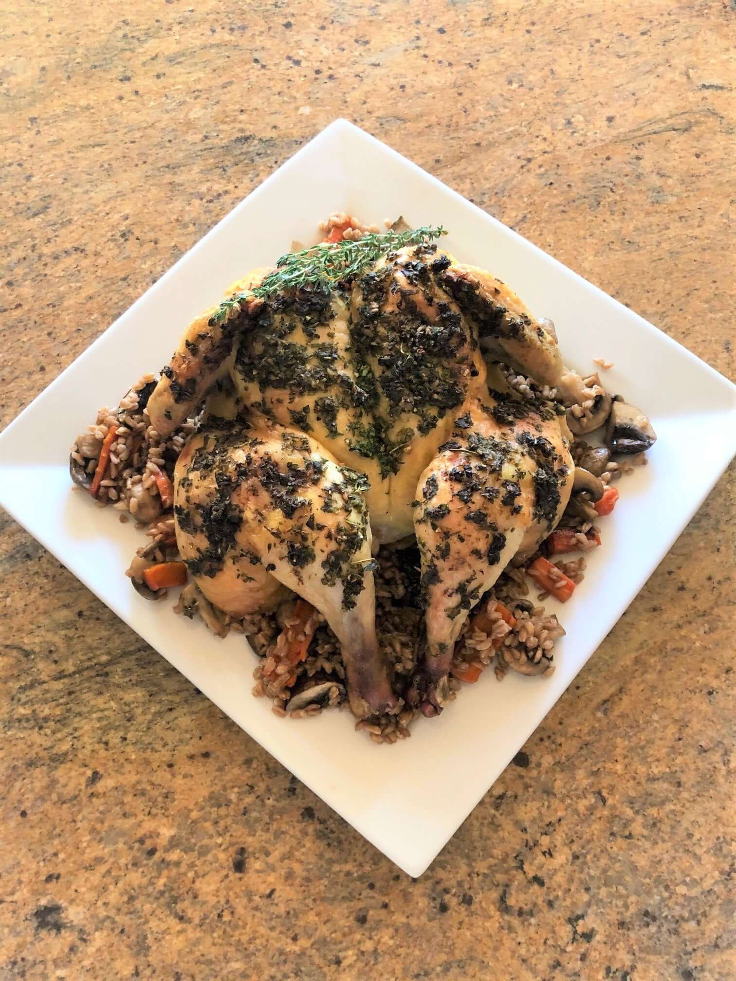 Herb Roasted Chicken with Farro, Roasted Carrot and Mushrooms