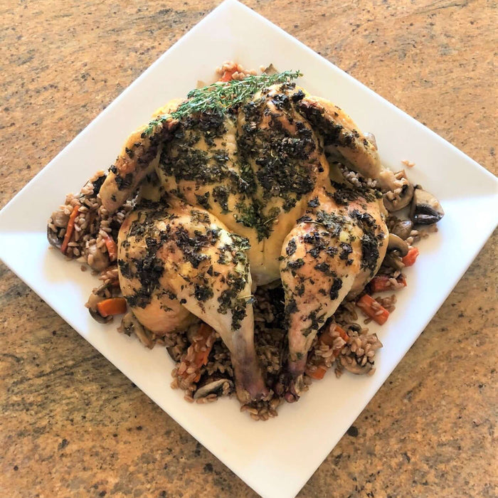 Herb Roasted Chicken with Farro, Roasted Carrot and Mushrooms